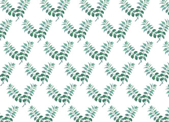 Watercolor hand painted pattern with green leaves on white isolated background