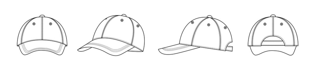 Front, back, side fashion illustration of baseball cap / hat