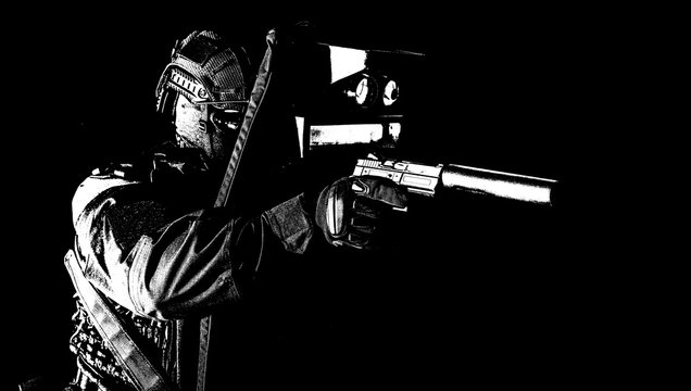 Armed SWAT fighter hiding behind ballistic shield