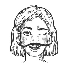 Happy young winking woman with long mustache sketch engraving vector illustration. Scratch board style imitation. Hand drawn image.
