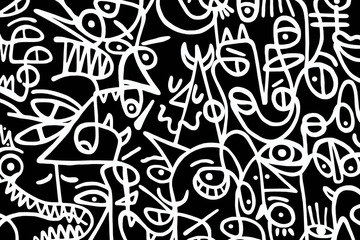Black and white cartoon pattern on black background, abstract design	