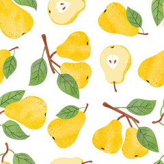Seamless watercolor pears pattern. Vector fruit background.