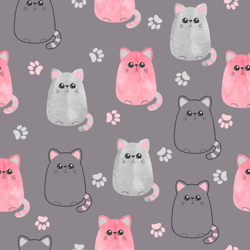 Seamless cute cats pattern. Vector background with watercolor kitty for kids.
