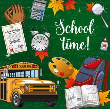 Time to school lettering, stationery supplies, bus