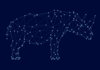 Polygonal wireframe rhino with luminous points. Side view. Vector illustration