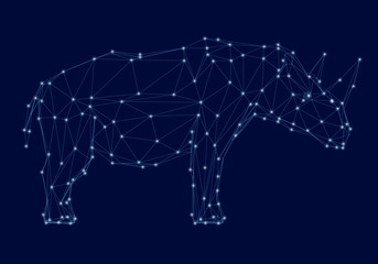 Polygonal wireframe rhino with luminous points. Side view. Vector illustration