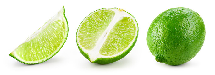 Lime isolated. Lime set: slice, piece, half, quarter, part, segment, section isolate on white.