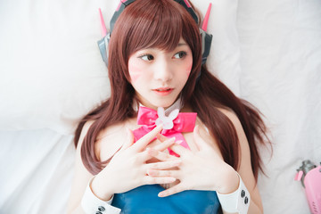 Japan anime cosplay , portrait of girl cosplay in white room background - obrazy, fototapety, plakaty