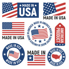 Made in USA labels, badges, signs. USA flag icons. Americans emblems templates. Vector illustration.