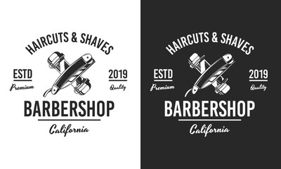 Barbershop logo. Black and White.  Barber shop logo with razor and pole. Vintage poster for barber shop. Retro print for Haircut's salon, T-shirt, typography. Vector graphic template