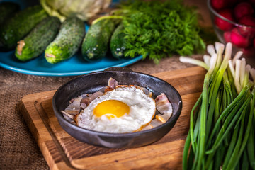 Fried eggs with bacon in a pan.
