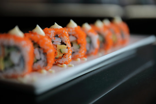 California Roll Sushi , Rice Roll With Egg Avocado Egg And Fish Japanese Food