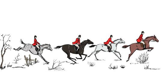 Equestrian sport fox hunting with horse riders english style in red jacket on landscape. England steeplechase tradition frame, header banner or border. Hand drawing vector vintage art pattern on white