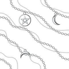 Seamless pattern background with pentagram and moon pendants on silver metallic chain. On white. Vector illustration