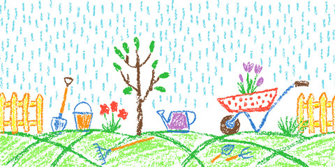 Rain in garden. Seamless summer border background gardening tools or farm set. Like child hand drawing outdoor copy space. Crayon pencil vector flower, watering can, shovel, fence, cart, plant, rake
