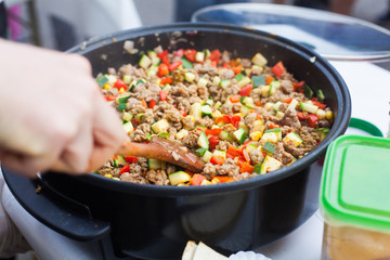 Close up of a tortillas filling in the pan