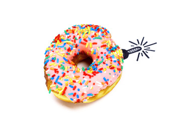 Sweet bomb. Donut with hand drawing bomb isolated on white background. Diet and calories concept.