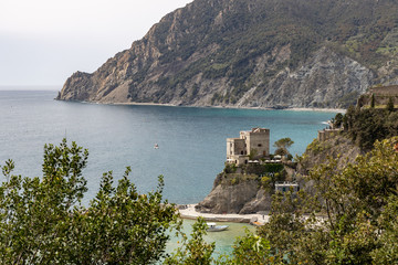 MONTEROSSO, LIGURIA/ITALY  - APRIL 22 : View of the castle at at Monterosso Liguria Italy on April 22, 2019. Unidentified people