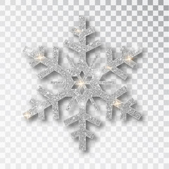 Silver snowflake isolated on a transparent background. Christmas decoration, covered bright glitter. Silver glitter texture snowflake isolated. Xmas ornament silver snow with bright sparkle