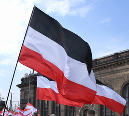 Vor blauem Himmel wehende Fahnen der rechtsextremen NPD 