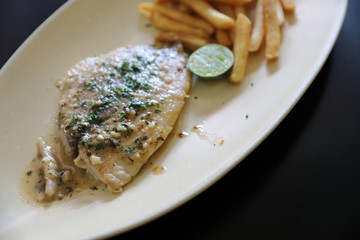Halibut fillet steak with chips