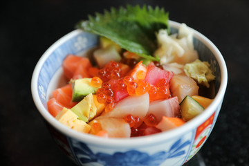 Mix sushi donburi in bowl , Japanese food