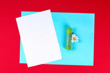 Diy Mothers Day greeting card in the form of curtain with paper chamomile flower on red background