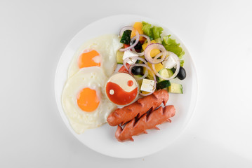 Plate with sausages top view