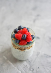 Coconut Chia seed pudding with berries and muesli, vitamin breakfast, healthy food concept, diet