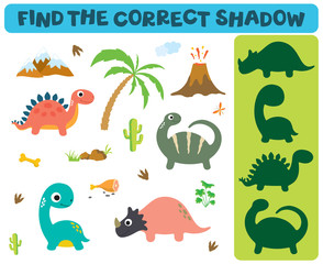 Find the correct shadow. Adorable dinosaurs isolated on white background