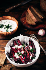 Oven baked beet fries with yogurt and dill