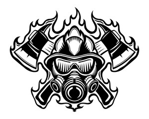 Firefighter with axes in flame sign on a white background.