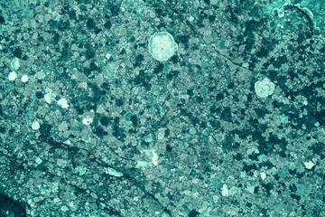 Vintage azure background. Rough painted wall of turquoise color. Imperfect plane of cyan colored. Uneven old decorative toned backdrop of aqzure tint. Texture of teal hue. Ornamental stony surface.