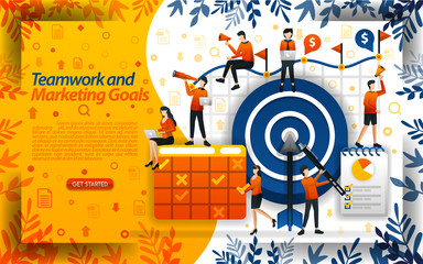 Teamwork to achieve marketing goals. increase sales and determine future goals, concept vector ilustration. can use for landing page, template, ui, web, mobile app, poster, banner, flyer, document