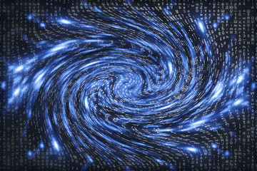 Blue matrix digital background. Distorted cyberspace concept. Characters fall down in wormhole....