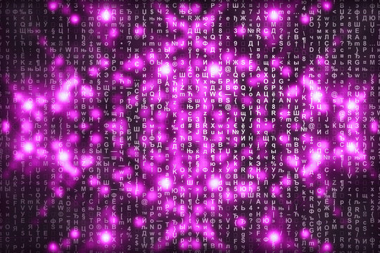 Pink matrix digital background. Abstract cyberspace concept. Characters fall down. Matrix from symbols stream. Virtual reality design. Complex algorithm data hacking. Pink digital sparks.