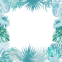 Vector tropical jungle frame with palm trees and leaves on white background