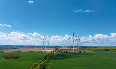 Fototapeta na wymiar wind turbines on green field or agricultural fields