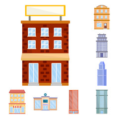 Vector illustration of facade and building icon. Collection of facade and exterior  vector icon for stock.