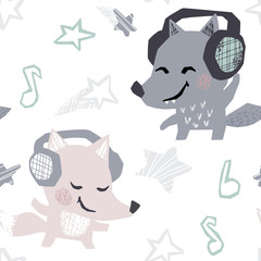 Wolf, fox baby dance with headphones seamless pattern. Sweet animals listen to music. Disco retro party