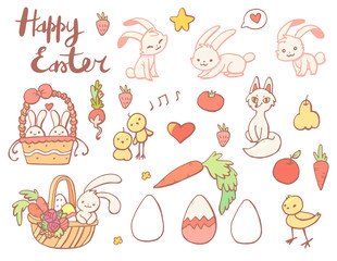 Happy Eastel. Spring, hares, rabbits, chickens, chicken, basket, eggs, carrots