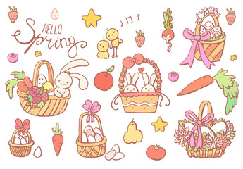 1Happy Eastel. Spring, hares, rabbits, chickens, chicken, basket, eggs, carrots