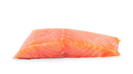An overhead photo of slices of salmon on a white background