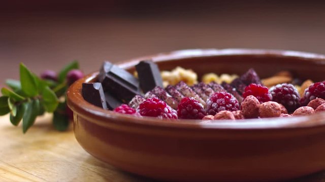 turntable shot of delicious vegan breakfast presented in a large clay bowl