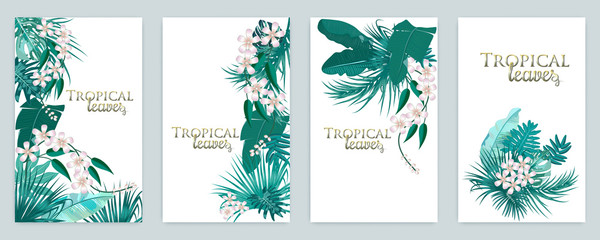 Vector tropical jungle cover set with palm trees and leaves in green colors