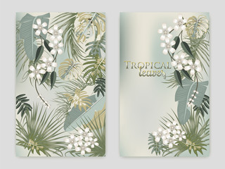 Vector tropical jungle cover with palm trees and leaves in olive green colors