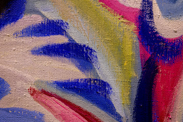 Colorful fragment of the painting. Oil paint texture with brush and palette knife strokes. Multi colored wallpaper. Macro close up acrylic background. Modern art concept. Horizontal fragment.