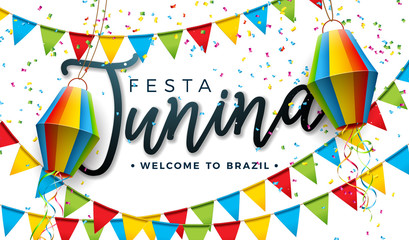 Festa Junina Illustration with Party Flags and Paper Lantern on White Background. Vector Brazil June Festival Design for Greeting Card, Invitation or Holiday Poster.