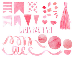 Pink paper party decor watercolor set. Flags, confetti, ribbon isolated Festive decor for fabric, wrapping paper, cards, invitations and design of children's parties and birthdays, celebrations, baby 