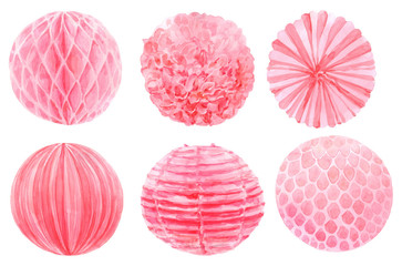 Pink paper lantern watercolor illustration. Festive decor isolated for fabric, wrapping paper, cards, invitations and design of children's parties and birthdays, celebrations, baby shower